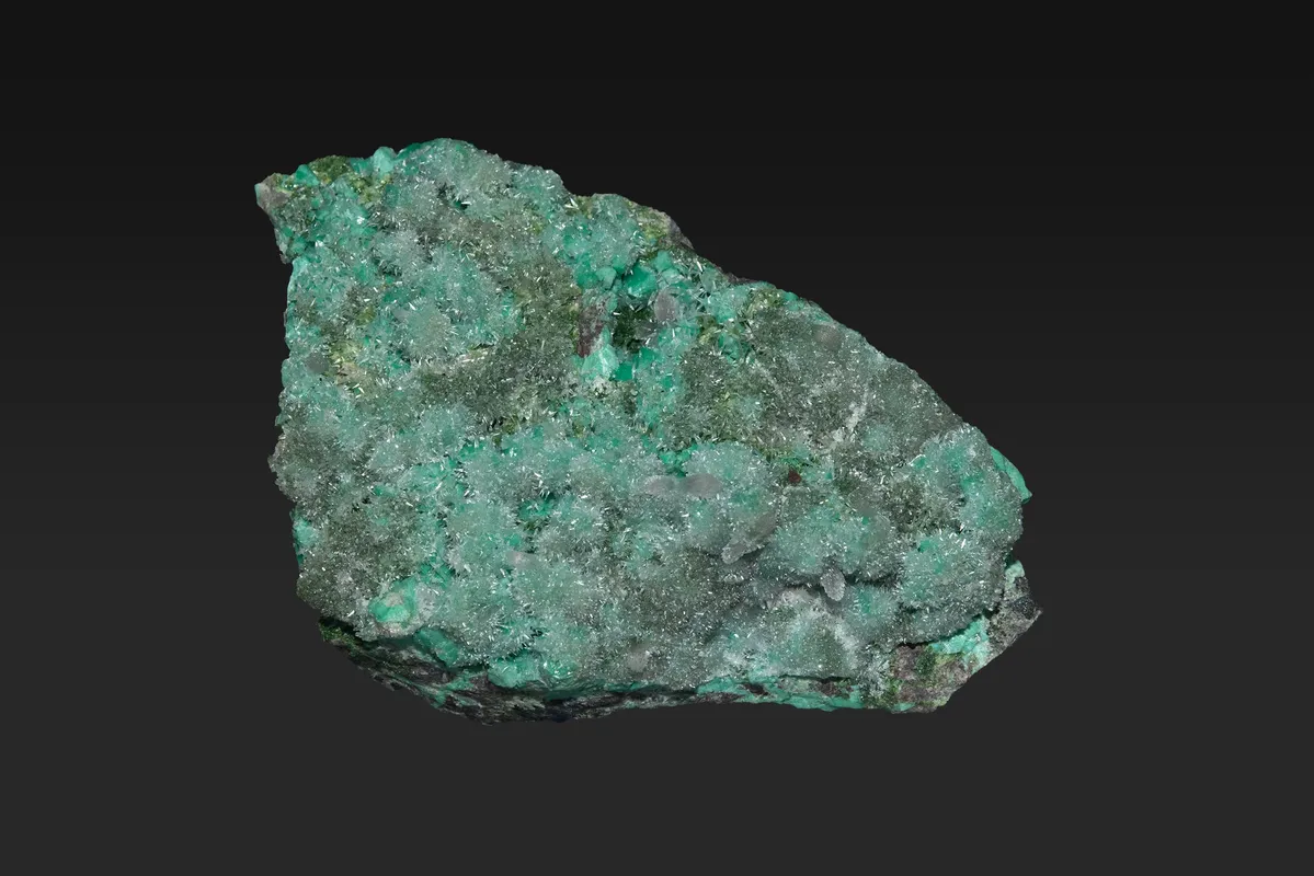 Exhibit 1. Aragonite (on zincolivenite); 84 mm.