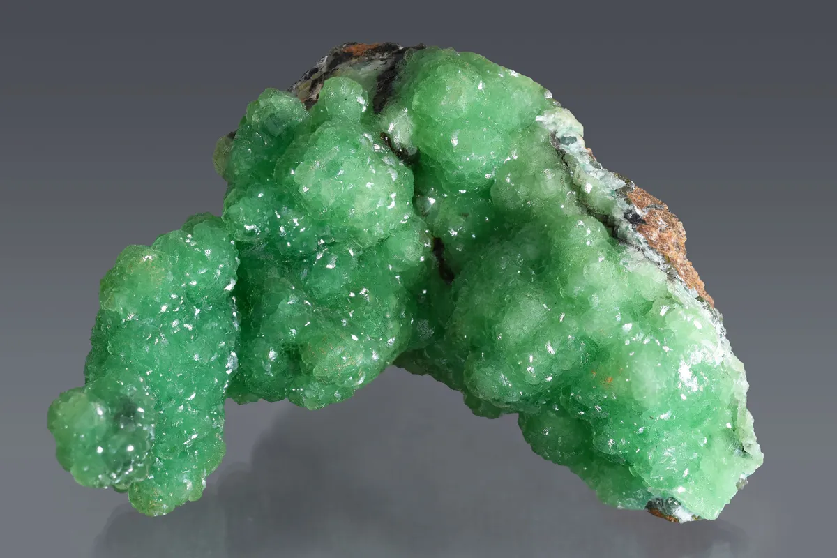 Smithsonite: A sub-botryoidal crust of vibrant green smithsonite on a rib of iron stained carbonate matrix. 120 mm specimen. MGMH Collection 105996.